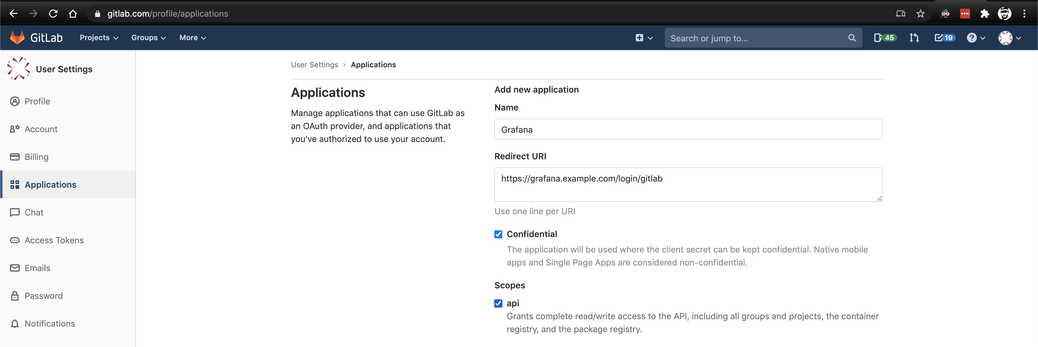 Create a Gitlab Oauth app